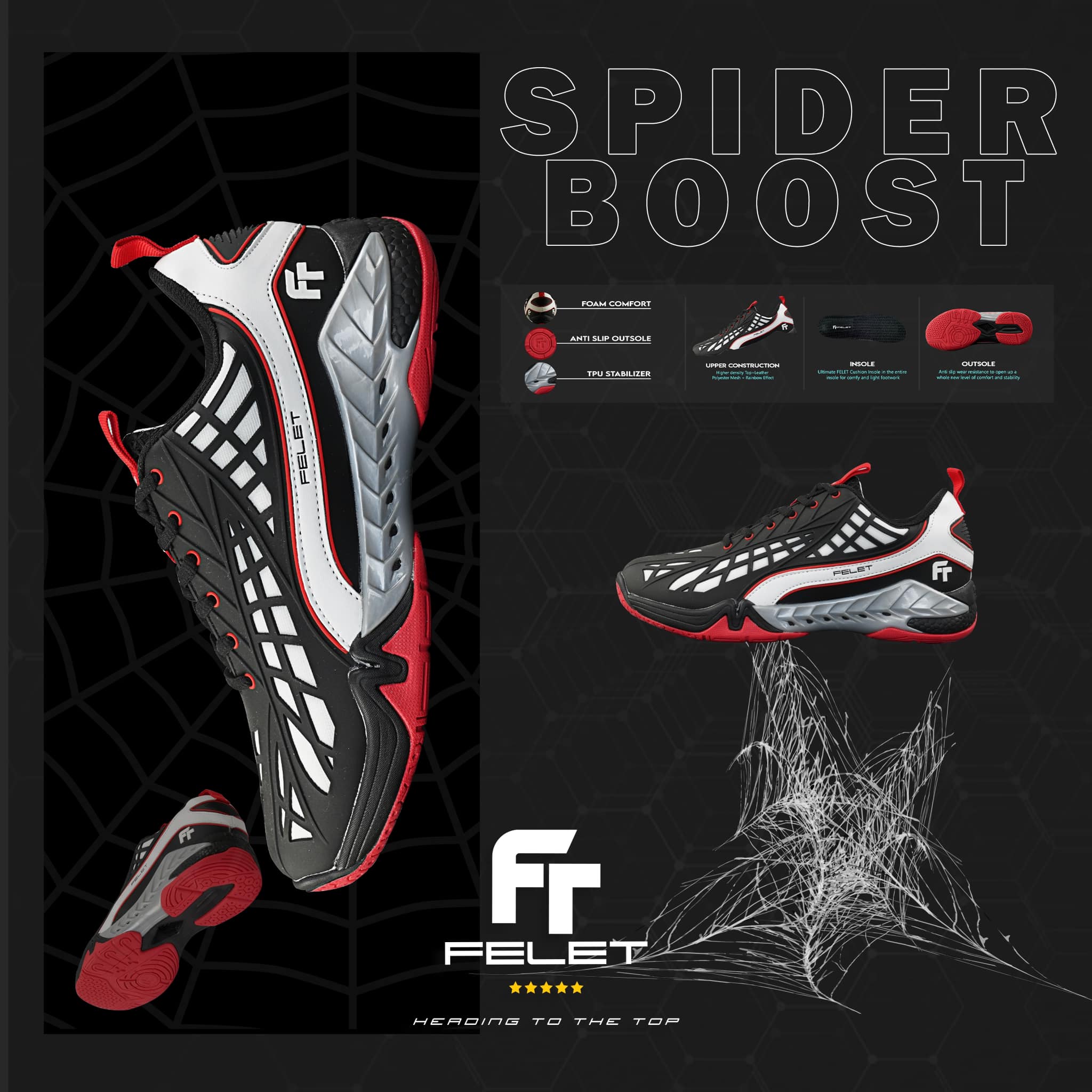 FELET SPIDER BOOST ブラック バドミントン シューズ 27.5 FELET Spider Boost (Black) – VPlay Sports