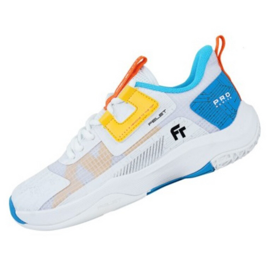 Felet Flash Pro Sports Shoes (White), featuring SCF comfort, shock absorption, and Multi-Angle Traction system for enhanced performance.